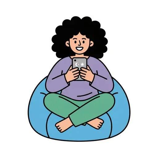 A woman sits on a beanbag looking at her phone.