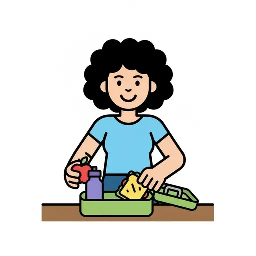 Een vrouw met krullend haar vult een groene lunchbox met een boterham, een appel en een waterfles.