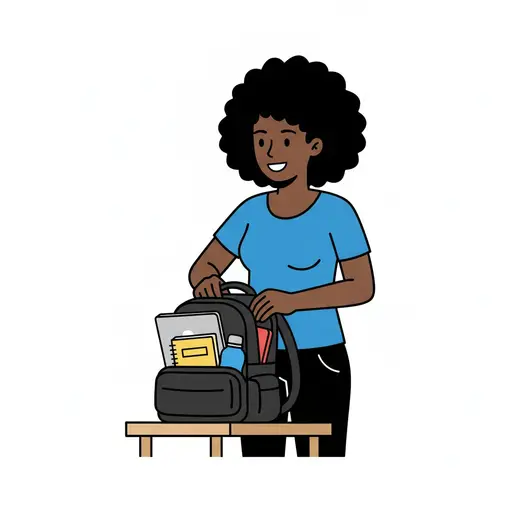 De vrouw vult haar rugzak op een tafel met een laptop, een schrift en een drinkfles.