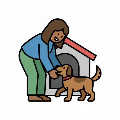 Een vrouw aait een hond voor een hondenhok.