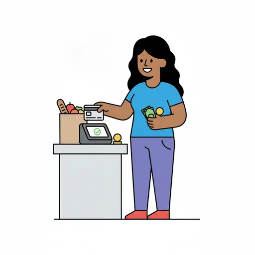 Een persoon betaalt met een pas bij een pinautomaat en houdt biljetten vast, met een tas boodschappen op de toonbank.