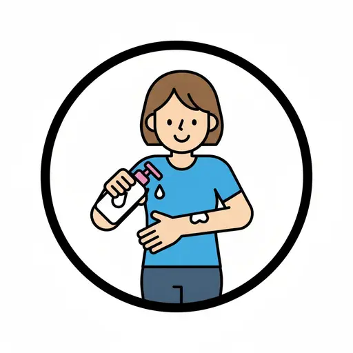 Een vrouw pompt lotion uit een fles en smeert haar arm in.