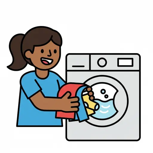 Een vrouw doet kleren in een wasmachine.