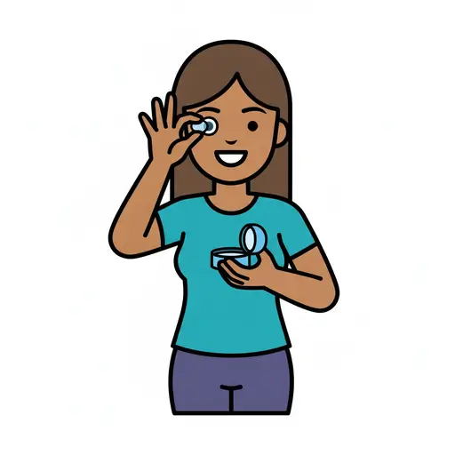 A woman puts in a contact lens while holding the lens case.