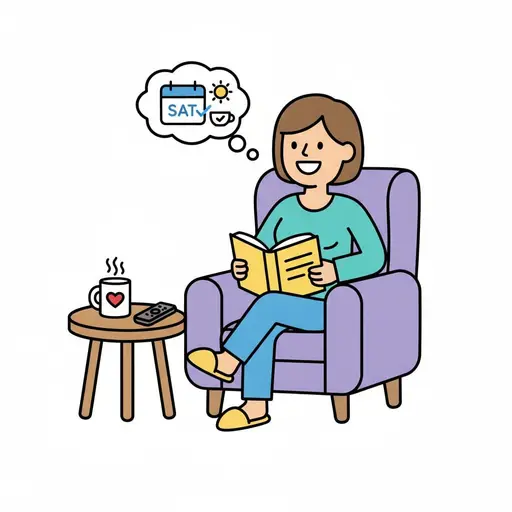 Een vrouw op pantoffels leest een boek in een paarse fauteuil naast een tafeltje met een koffiemok en een afstandsbediening en denkt aan een zonnige zaterdag.