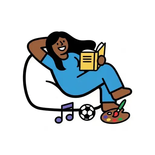 A woman relaxes in a beanbag chair while reading a book. Beside her are a music note, a soccer ball, and a paint palette, symbolizing various leisure activities.