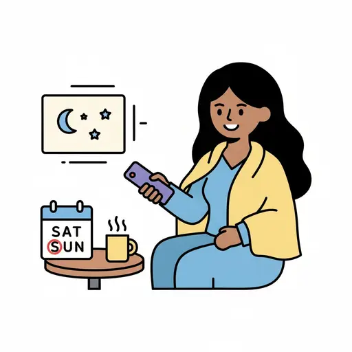 A woman relaxes with her phone next to a calendar showing Saturday and Sunday and a steaming mug.