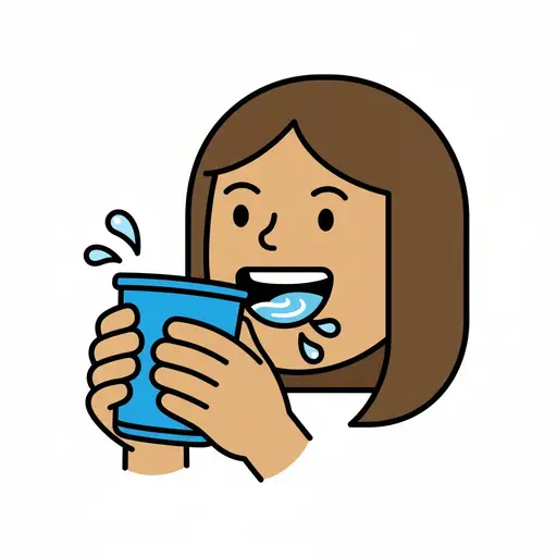 A close-up of a person rinsing their mouth with water from a blue cup.