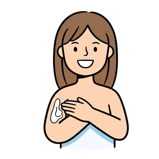 Holding a lotion bottle in one hand, a woman rubs a blob of cream into her upper arm.