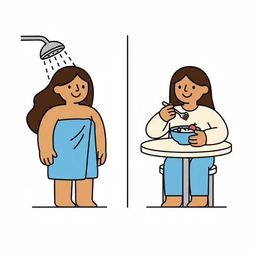Een tekening van een vrouw die doucht, in een handdoek gewikkeld is, met een lepel ontbijtgranen uit een kom eet en een boterham vasthoudt.