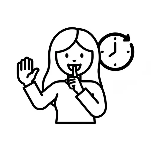 Een persoon steekt één hand op als stopteken en houdt een vinger op zijn lippen om stilte aan te geven, naast een klokpictogram met een ververspijl.