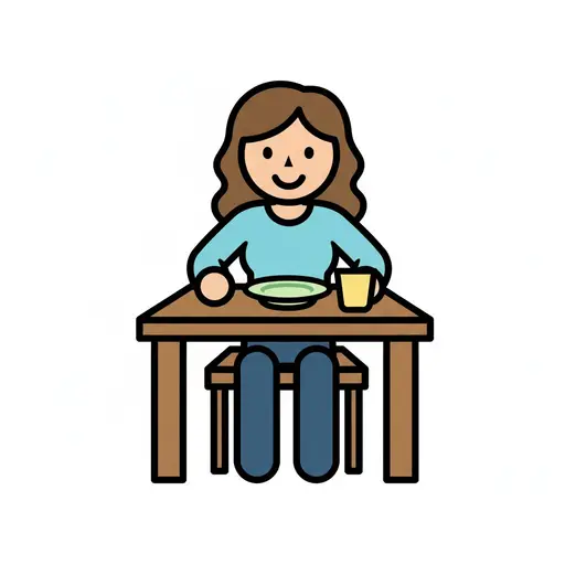 Een vrouw zit aan een tafel met een kom en een beker.