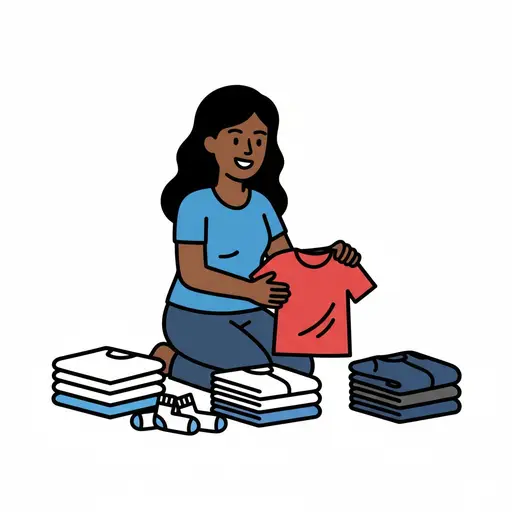 Een persoon zit op de vloer kleren op stapels te sorteren.