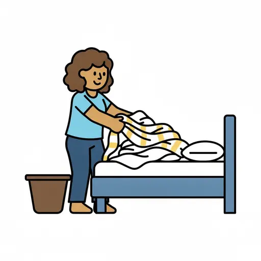 Een volwassene trekt een gestreept dekbedovertrek van een bed met een wasmand ernaast.