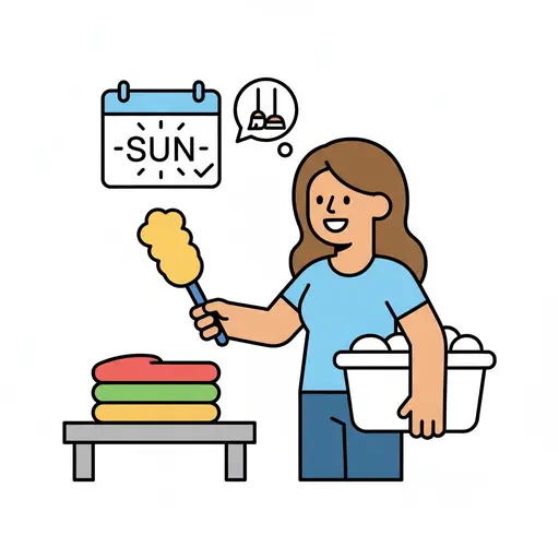 Een vrouw stoft af met een plumeau en draagt een wasmand naast een kalender met zondag erop.