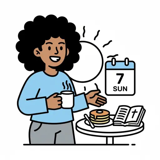 Tekening van een vrouw die geniet van een ontspannen zondagochtend met koffie, pannenkoeken en een boek, met een kalender die zondag aangeeft.