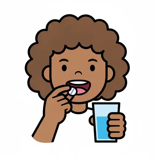 Een vrouw met krullend haar doet een witte tablet in haar mond en houdt een hoog glas water vast.