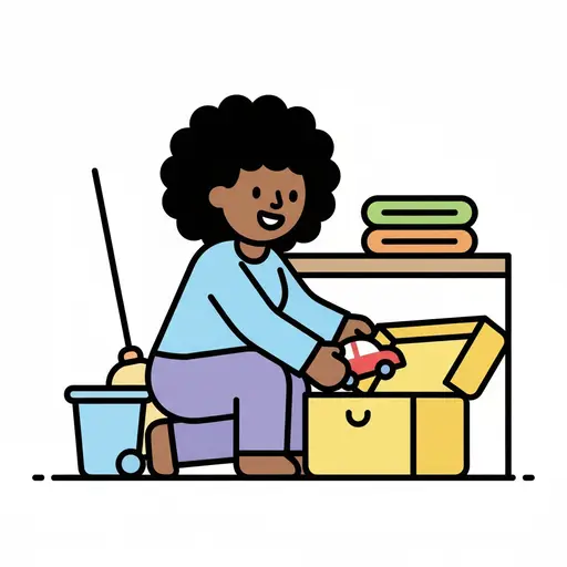 Een vrouw legt speelgoed in een gele doos met schoonmaakspullen ernaast.