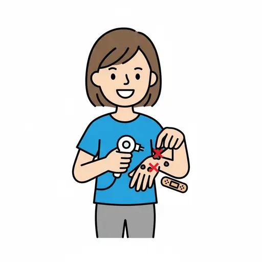 A woman treats a wart on her hand with a plaster nearby.