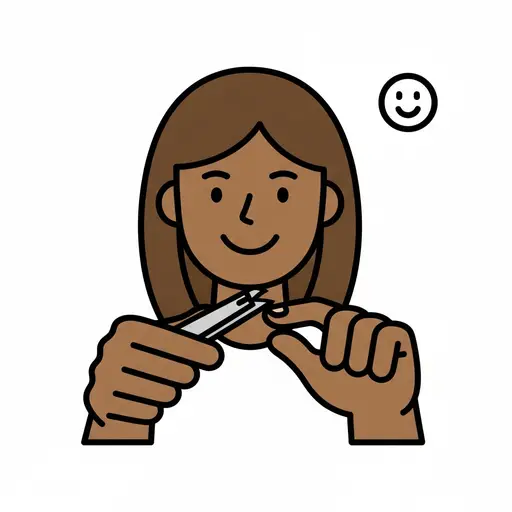 Een lachende vrouw knipt een vingernagel met een nagelknipper, met een klein blij gezichtje in de hoek.
