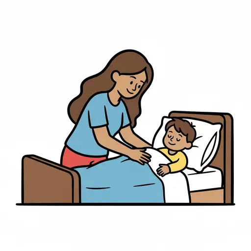 Een vrouw stopt een jongen in bed.