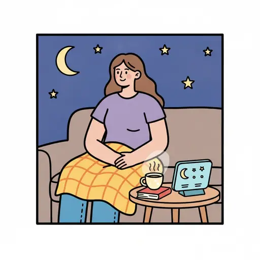 En kvinne sitter i sofaen under et teppe med te og en nattlampe.