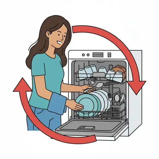 Een vrouw met lang bruin haar zet borden in een open vaatwasser, met rode pijlen in een cirkel eromheen.
