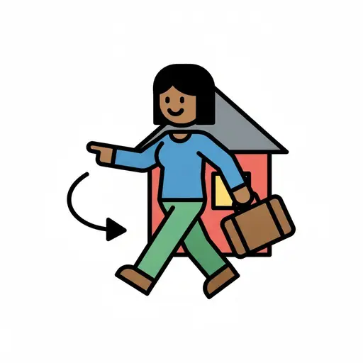 Eine erwachsene Person geht mit einer Tasche vom Haus weg, ein Pfeil zeigt weg.