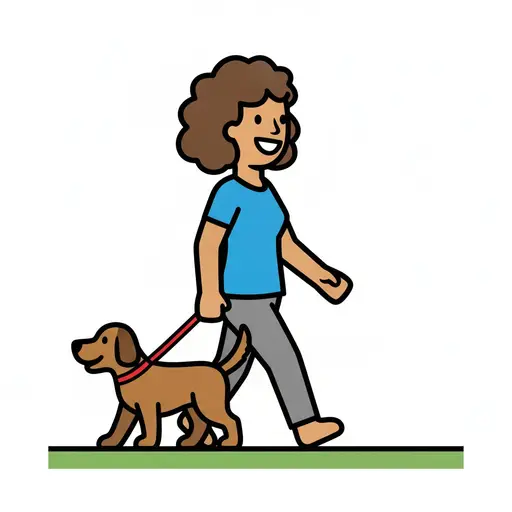 De hond loopt voorop aan een rode riem terwijl een lachende vrouw over het gras volgt.