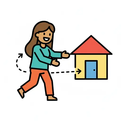 Eine Frau geht entlang eines gestrichelten Pfeils auf ein Haus zu.