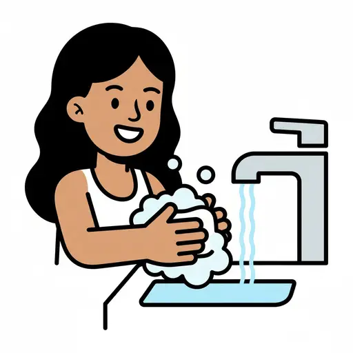 Met los vallend lang haar werkt een vrouw haar handen in het schuim onder een moderne kraan.