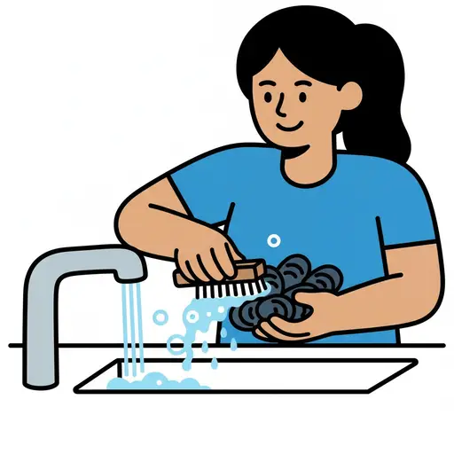 Een vrouw staat bij de gootsteen mosselen onder stromend water te borstelen.