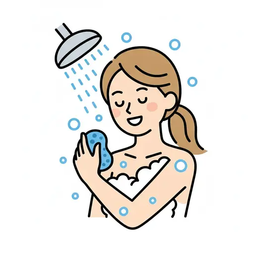 Onder een lopende douchekop schrobt een vrouw met een staartje haar schouder met een blauwe spons terwijl er bellen om haar heen zweven.
