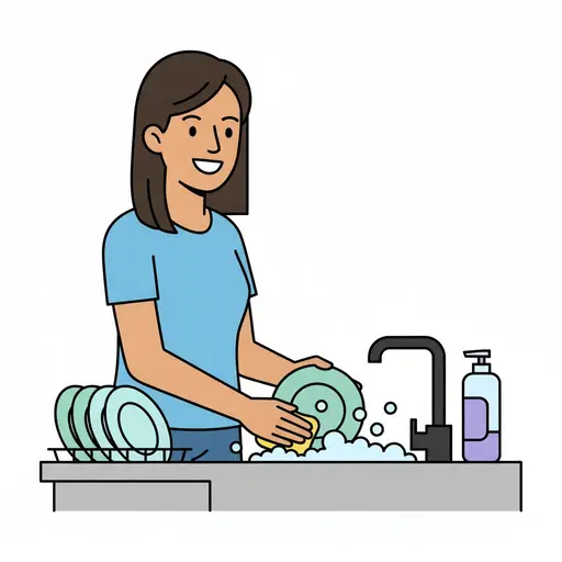 A woman washes plates at the sink with a dish rack beside her.