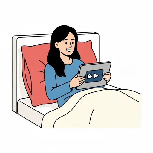 A woman lies in bed watching a film on a tablet.