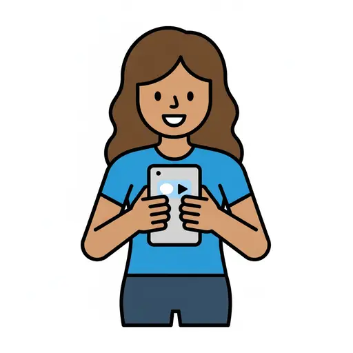 A woman holds a phone with a video on the screen.