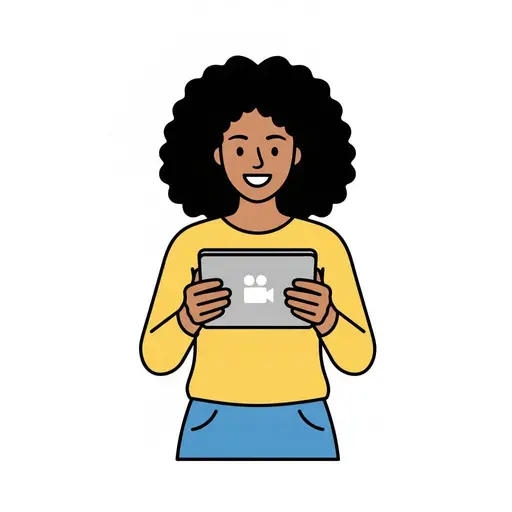 Een vrolijke vrouw met krullend haar houdt een tablet vast met een filmcamera-icoon op het scherm.