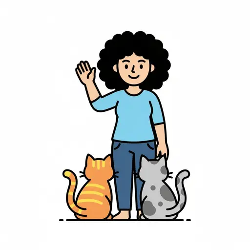 Een vrouw zwaait gedag terwijl twee katten aan haar voeten zitten.