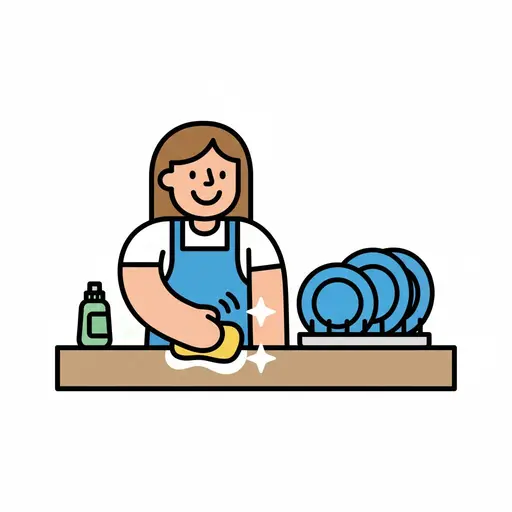 A woman in a blue apron wipes the kitchen counter with a yellow sponge, with washing-up liquid and blue plates in a drying rack beside her.