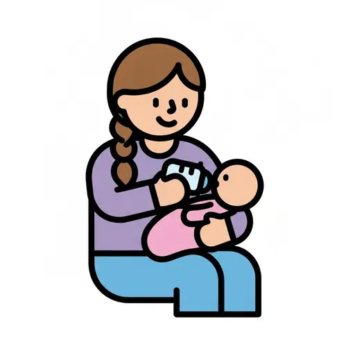 En kvinna med fläta i lila tröja sitter med en bebis i rosa kläder i knät och ger den nappflaska.