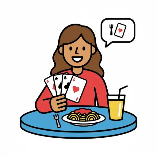 Een lachende vrouw met lang bruin haar en een rood shirt houdt een hand speelkaarten vast voor een blauw bord spaghetti en een glas sap.