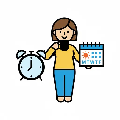 Een vrouw in een geel shirt drinkt uit een mok tussen een wekker die zeven uur aangeeft en een kalender met een zon en de letters van de werkdagen.