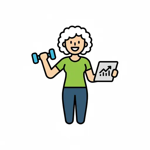 Eine Frau hebt eine Hantel und hält gleichzeitig ein Tablet mit einer Fortschrittskurve.