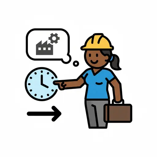 A woman wearing a yellow hard hat and blue shirt, holding a toolbox and pointing at a clock, with a factory shown in a thought bubble beside her.