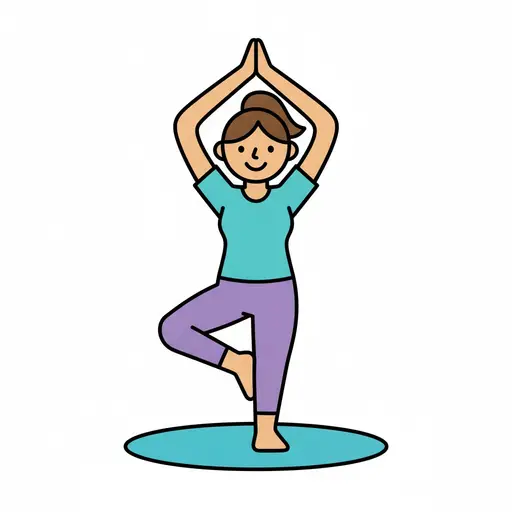 A woman stands on one leg on a round mat with her foot against her thigh and her hands together above her head.