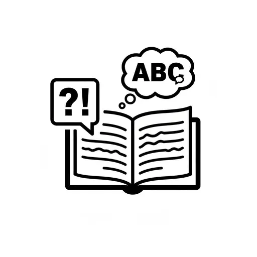 En åpen bok med en tankeboble som inneholder ABC og en snakkeboble med ?!