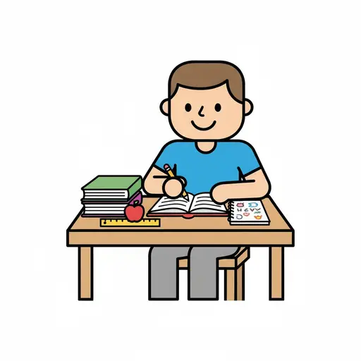 Een persoon zit aan een tafel te schrijven in een boek naast een stapel boeken.