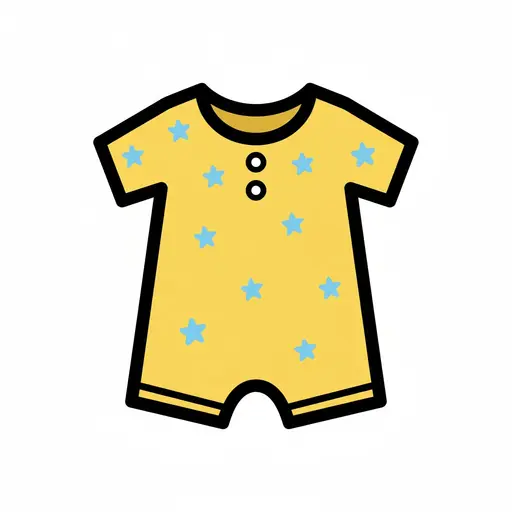A yellow play suit with blue stars and two buttons.