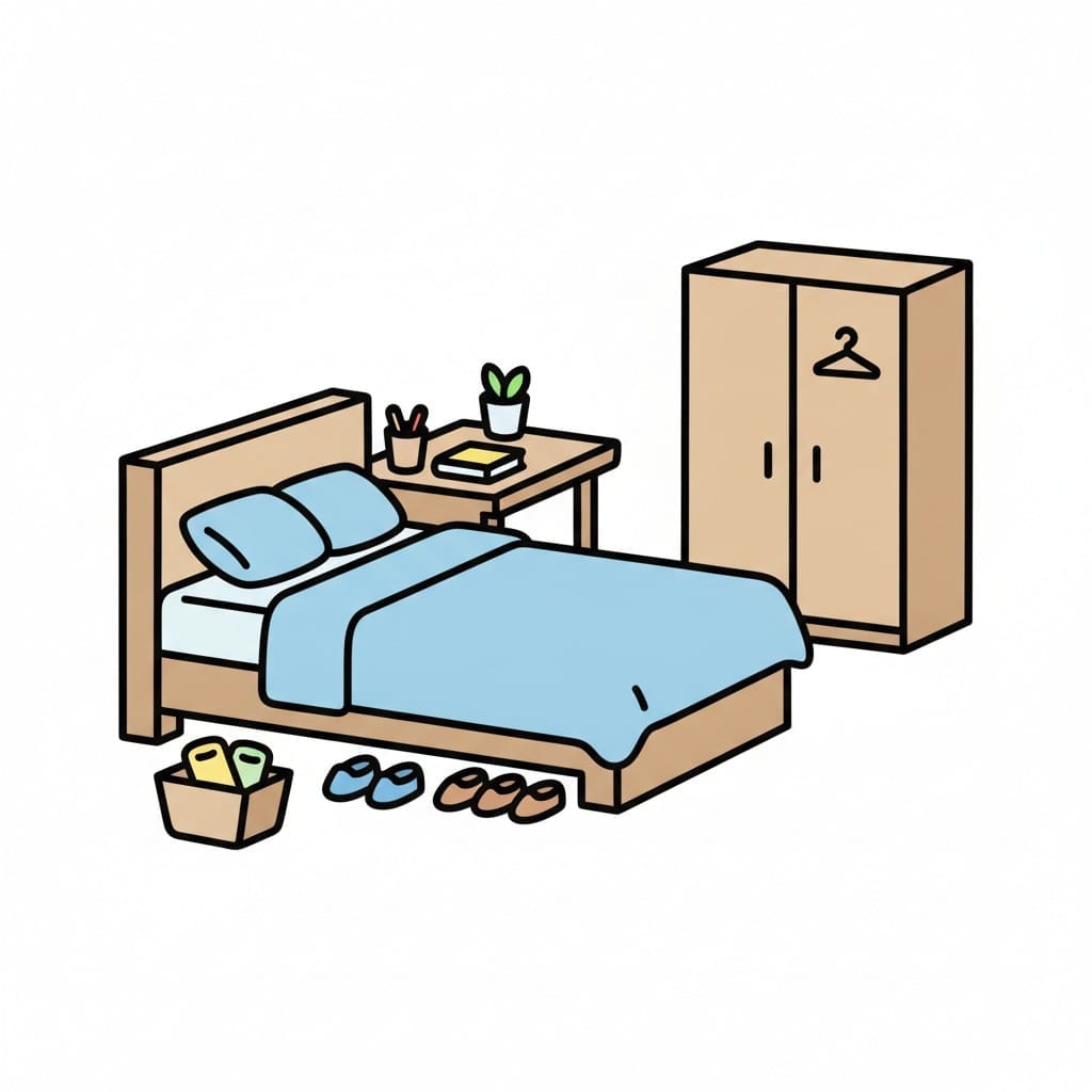 Een opgeruimde slaapkamer met een opgemaakt bed, een bureau met een pennenbakje, een boek en een plant, een kledingkast, en schoenen en een doos op de grond.