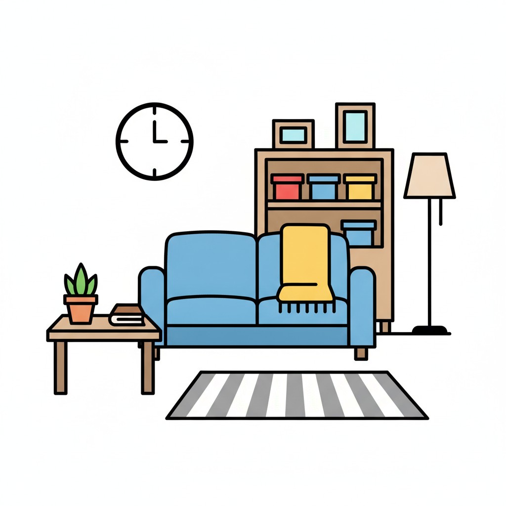 Een woonkamer met een blauwe bank, boekenkast, vloerlamp en een gestreept kleed, met een klok aan de muur.
